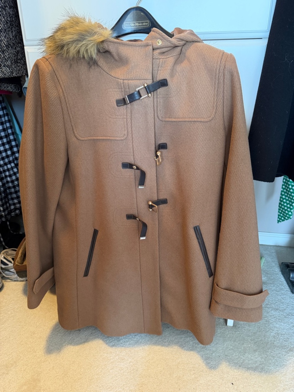 Cole Haan Camel Toggle Pea Coat with Faux Fur Trim